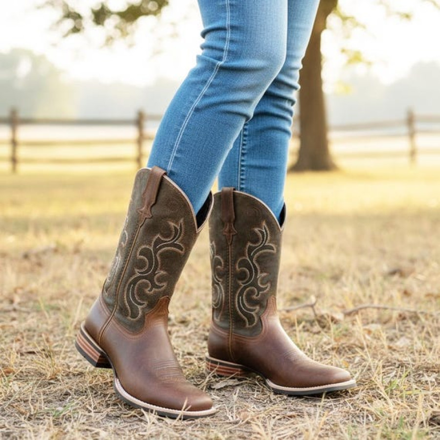Women's Premium Leather Justin Cowboy Boots | With Square Toe and Welted Rubber Sole 0