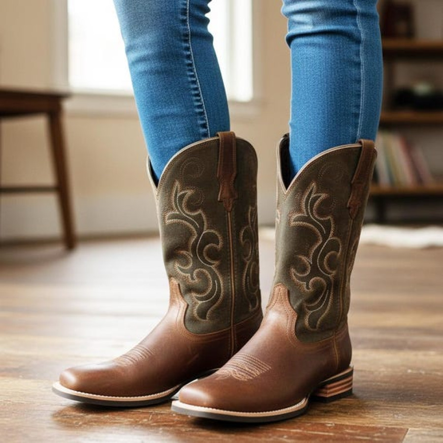 Women's Premium Leather Justin Cowboy Boots | With Square Toe and Welted Rubber Sole 1