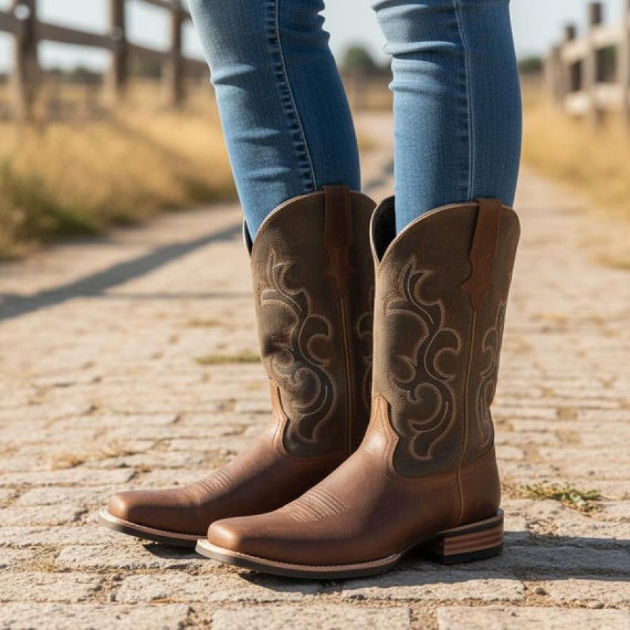 Women's Premium Leather Justin Cowboy Boots | With Square Toe and Welted Rubber Sole 8
