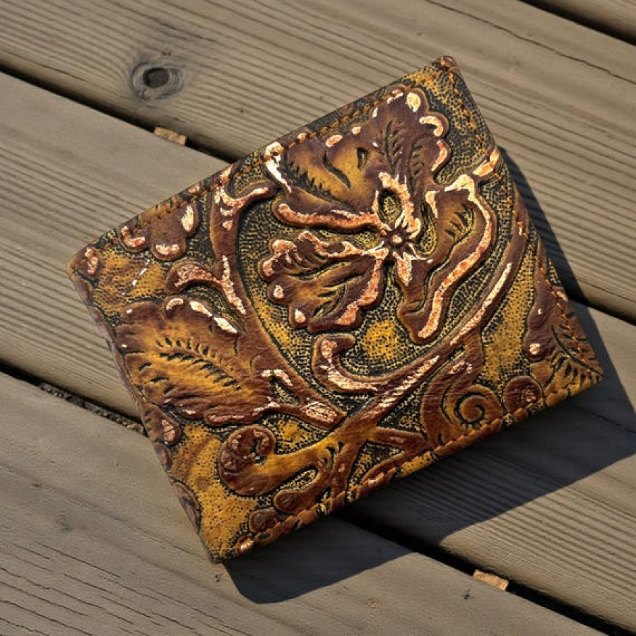 Embossed Genuine Leather Bi-fold Wallet - Brandy Gilded Cowboy Tool 0