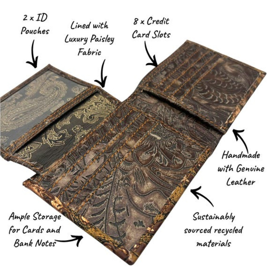 Embossed Genuine Leather Bi-fold Wallet - Brandy Gilded Cowboy Tool 3