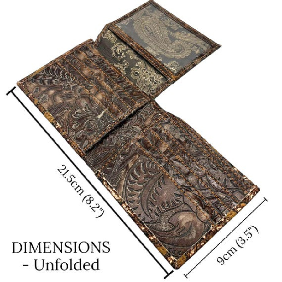 Embossed Genuine Leather Bi-fold Wallet - Brandy Gilded Cowboy Tool 4