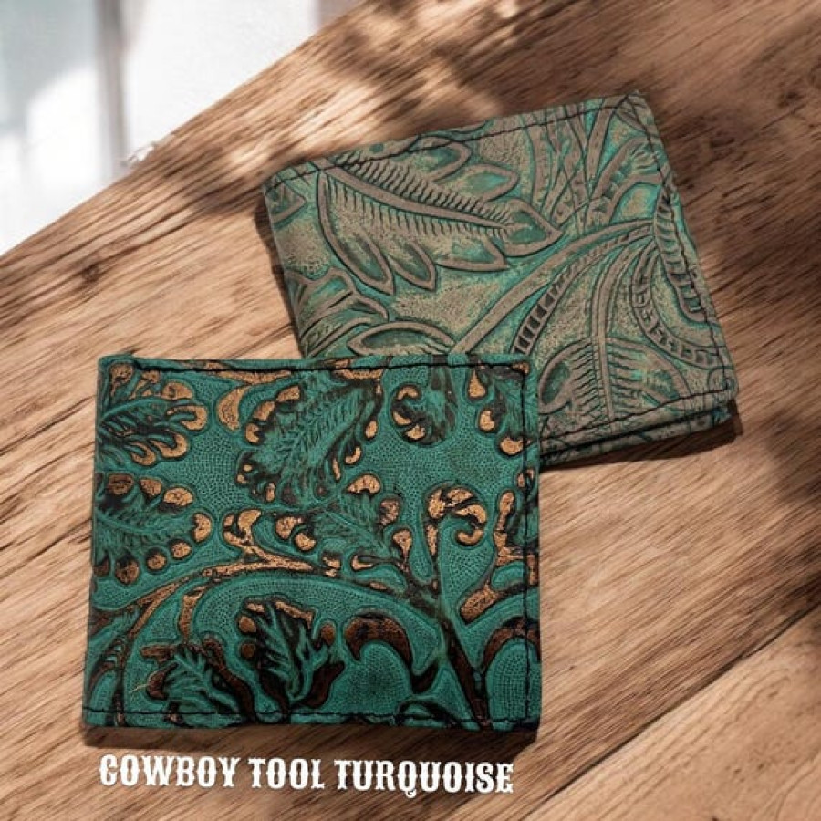 Embossed Genuine Leather Bi-fold Wallet - Brandy Gilded Cowboy Tool 6