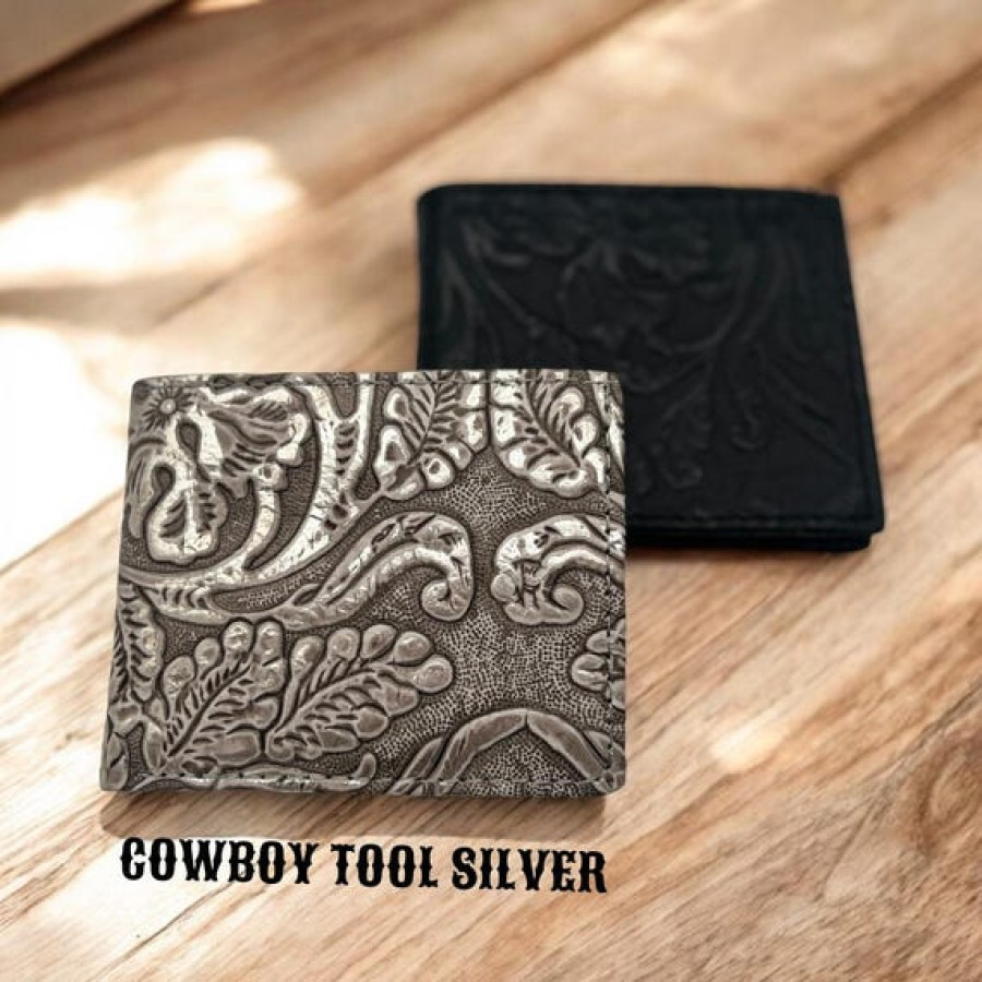 Embossed Genuine Leather Bi-fold Wallet - Brandy Gilded Cowboy Tool 7
