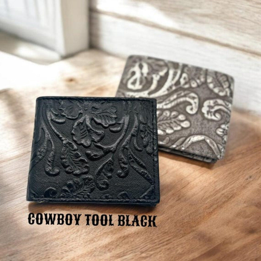 Embossed Genuine Leather Bi-fold Wallet - Brandy Gilded Cowboy Tool 8