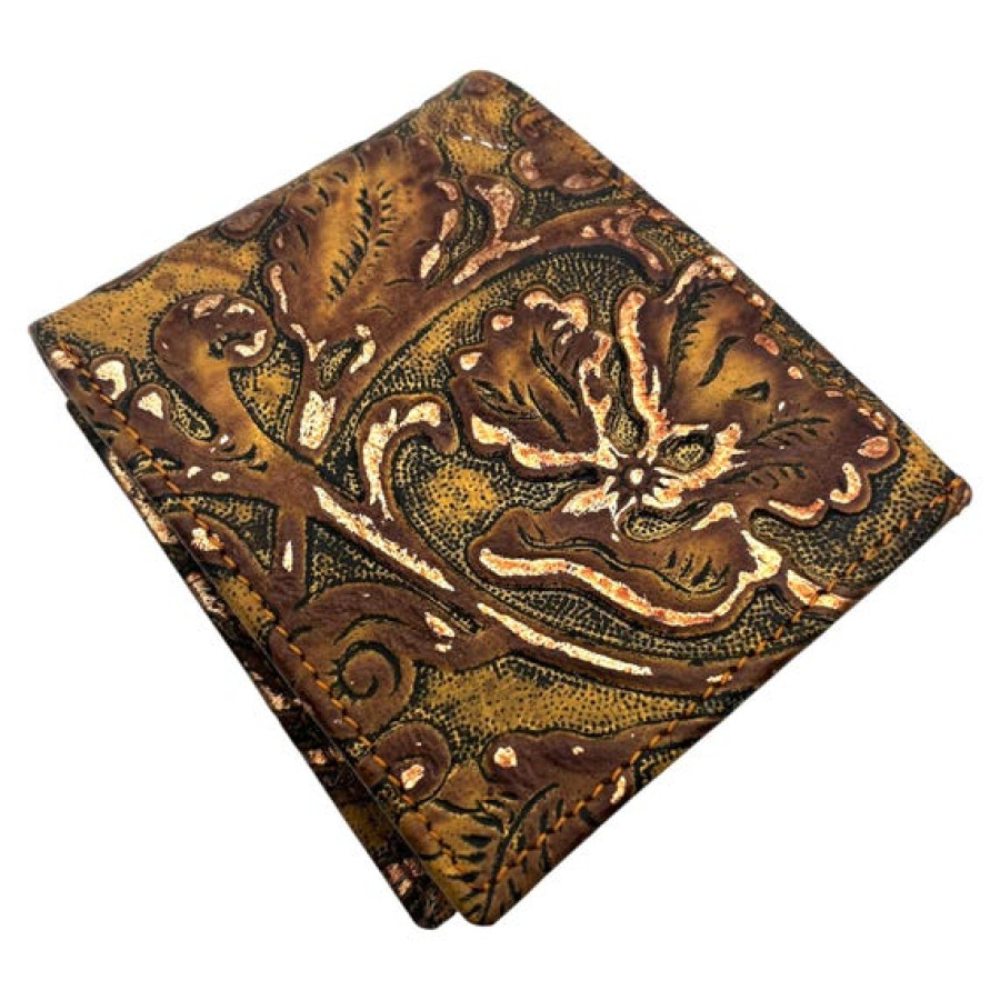 Embossed Genuine Leather Bi-fold Wallet - Brandy Gilded Cowboy Tool 9