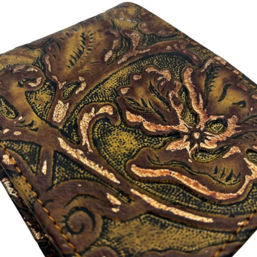 Embossed Genuine Leather Bi-fold Wallet - Brandy Gilded Cowboy Tool 10