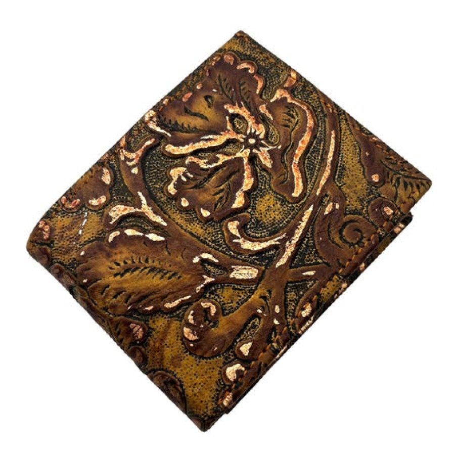 Embossed Genuine Leather Bi-fold Wallet - Brandy Gilded Cowboy Tool 11