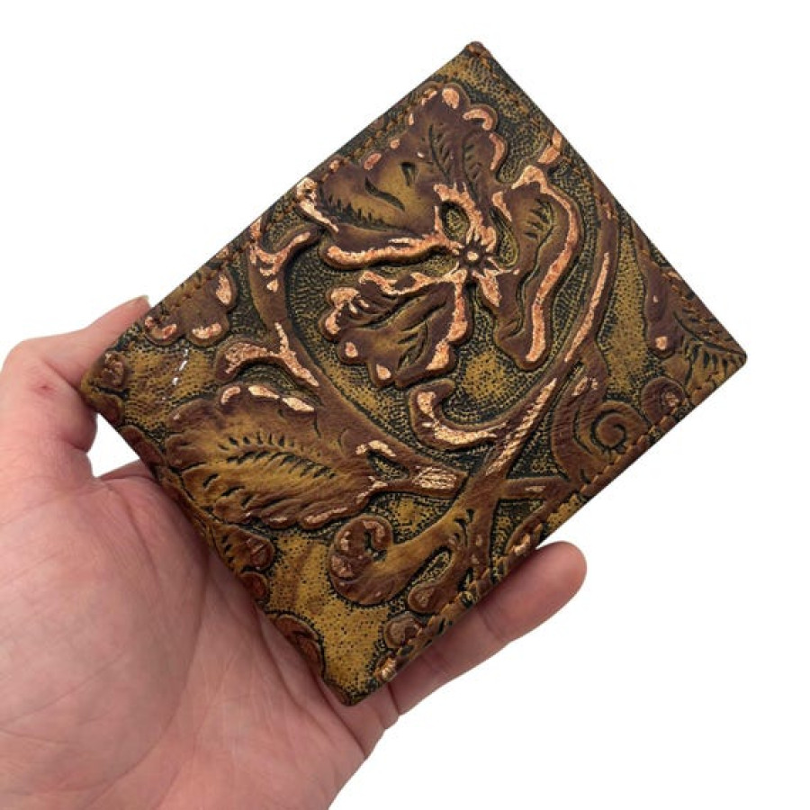 Embossed Genuine Leather Bi-fold Wallet - Brandy Gilded Cowboy Tool 12
