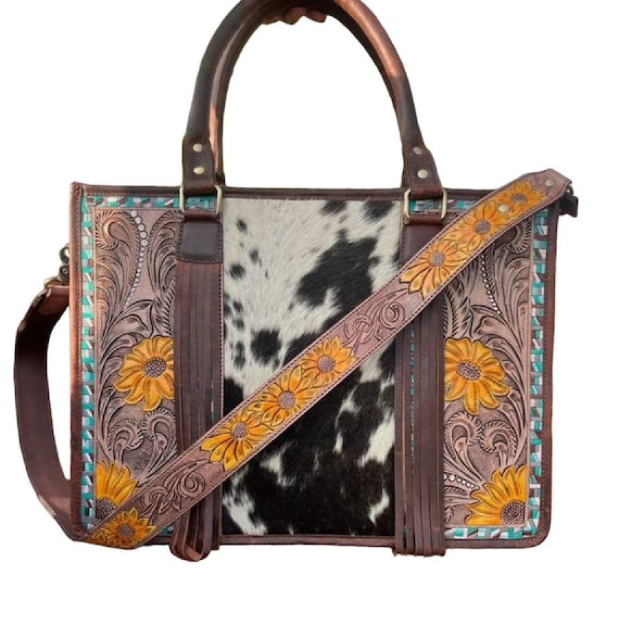 Western style zipper tote bag with Genuine Cowhide and Tooled Leather