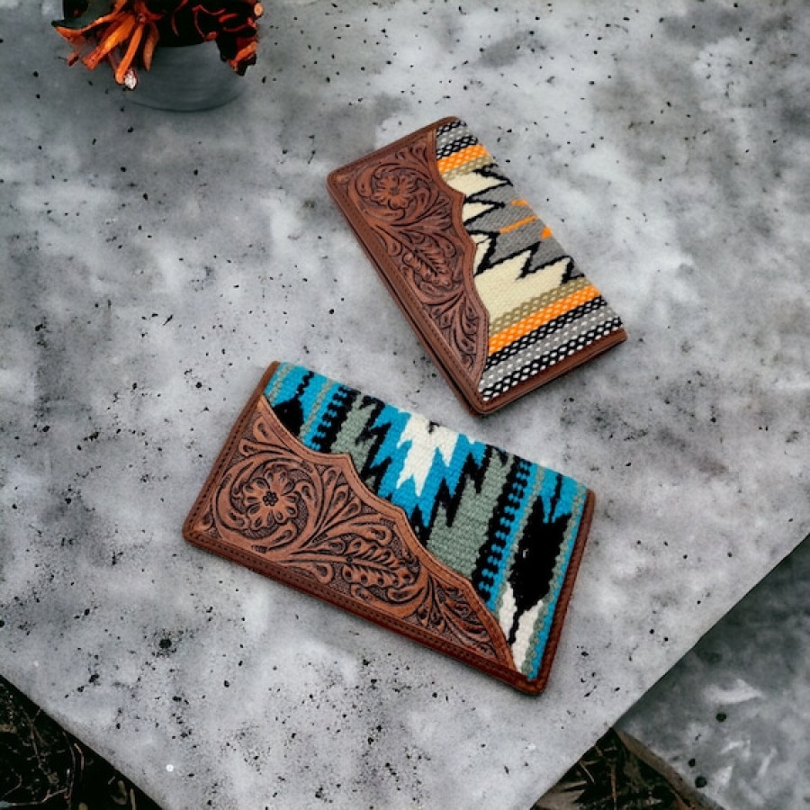 Southwestern Aztec style wool & tooled Genuine Leather trim wallet / clutch