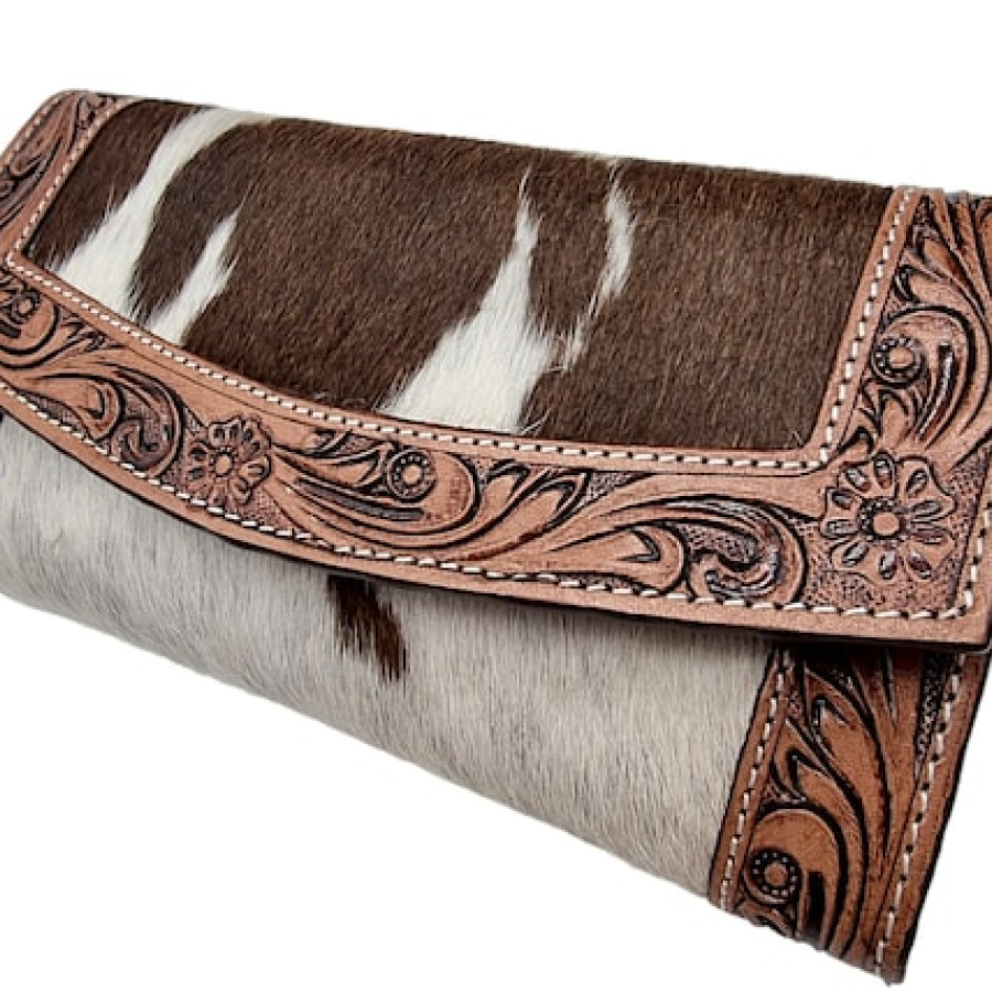 Southwestern style genuine fur-on cowhide + tooled leather trim wallet / clutch with detachable shoulder strap