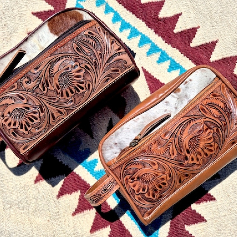 Western-style genuine cowhide and tooled leather wash bag | toiletries bag | makeup bag