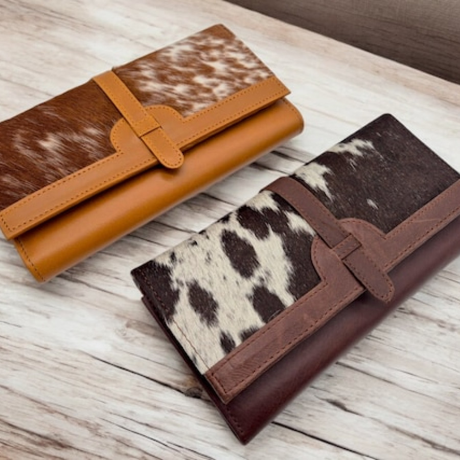 Country western style wallet / clutch - Tri-fold design - Genuine cowhide and leather