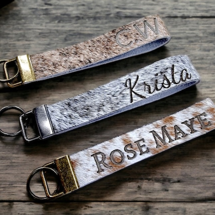 Custom Laser Embossed Cowhide Wrist Lanyard | Keychain, Keyring