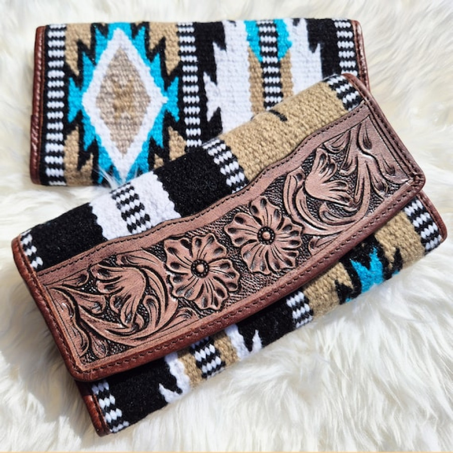 Boho style wallet purse - Tri-fold design - Aztec style wool & genuine tooled Leather