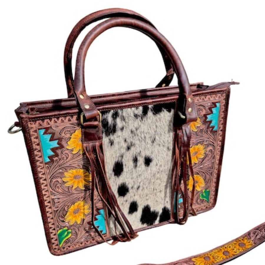 Western style tote bag / handbag / purse with Genuine Cowhide and Tooled Leather - Medium sized - Statement Bag