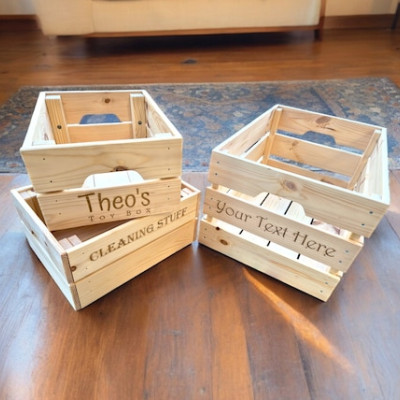 Custom made Laser-engraved pine wood storage crates  / customised wooden storage boxes