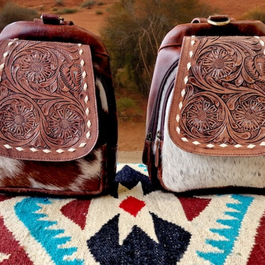 Genuine cowhide and embossed leather compact backpack | small cowhide backpack | small-sized western-style backpack | cowhide purse