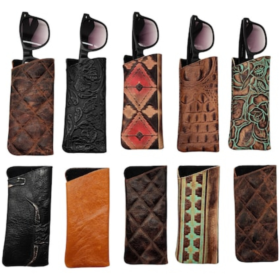 Embossed Leather Glasses Case, Handmade in Texas USA