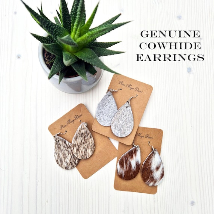 A pair of Genuine Cowhide & Leather teardrop earrings, cowhide accessories, handmade in the UK