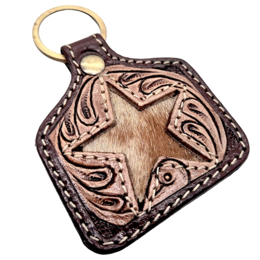 Genuine cowhide & tooled leather key chain - in 2 styles - Cattle tag or Heart shape - key ring