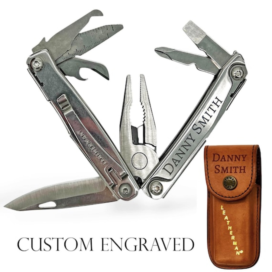 Custom Engraved Leatherman REV Multi-tool with leather pouch - Laser etched with your text or logo! (UK)