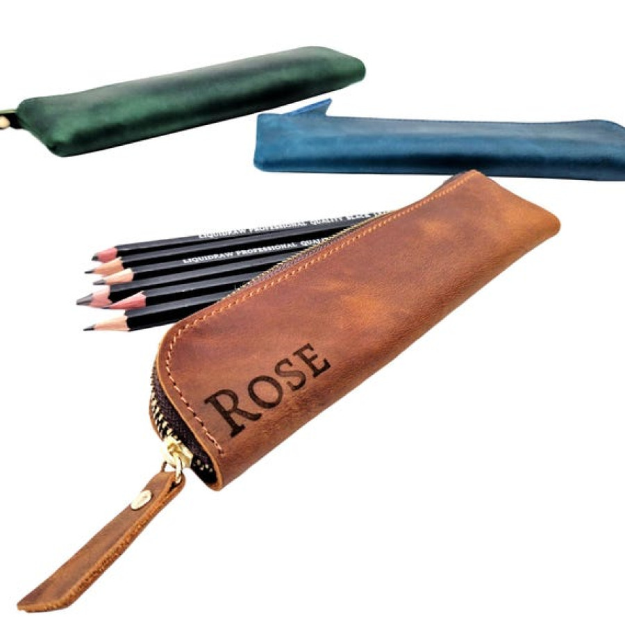 Custom Engraved Slim design pencil case made using genuine leather