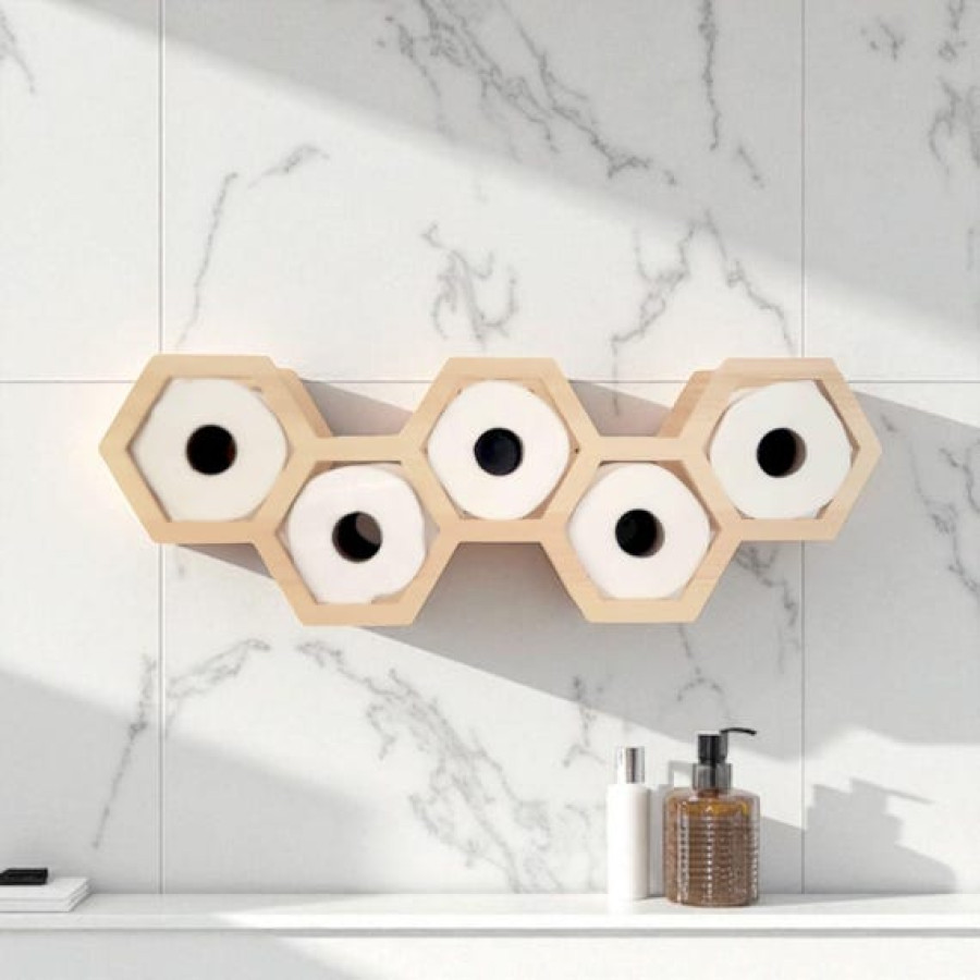 Hexagonal Solid Pine Wood CNC Cut Toilet Roll Holder | Bathroom Storage Organizer | Rustic Toilet Paper Holder | Bathroom Decor