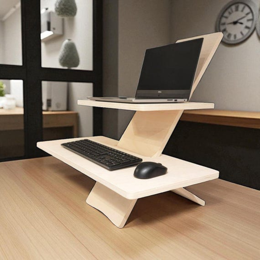 CNC Plywood Adjustable height standing computer desk stand for Monitors and Laptops