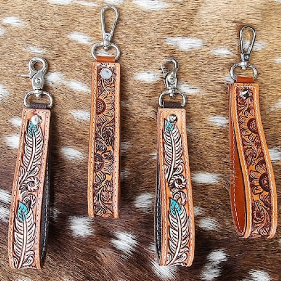 Western-style Genuine leather wrist lanyard / wristlet / Keychain with western tooled pattern