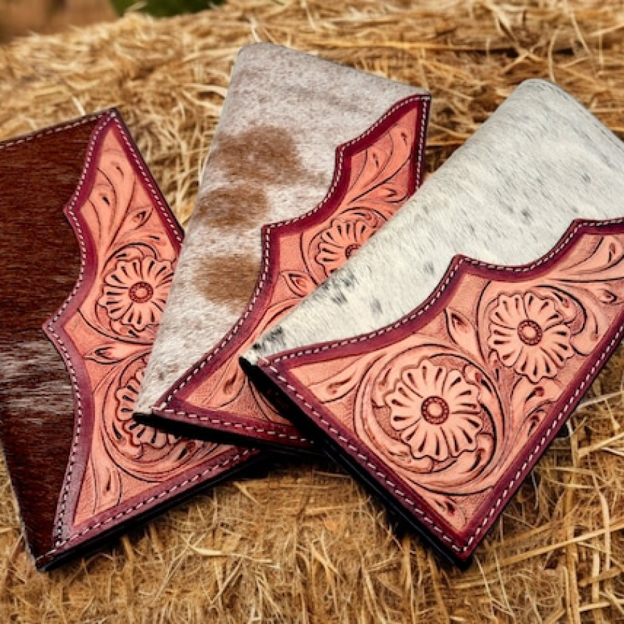 Bi fold Southwestern style wallet - With tooled leather & genuine fur-on cowhide wallet / clutch / purse