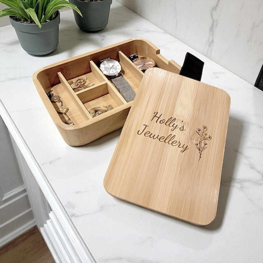 Bamboo Jewellery Box | Catch All Tray Organiser | Personalised Engraved Jewelry Box