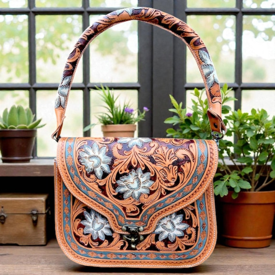Genuine tooled leather western style cross-body handbag with removable strap