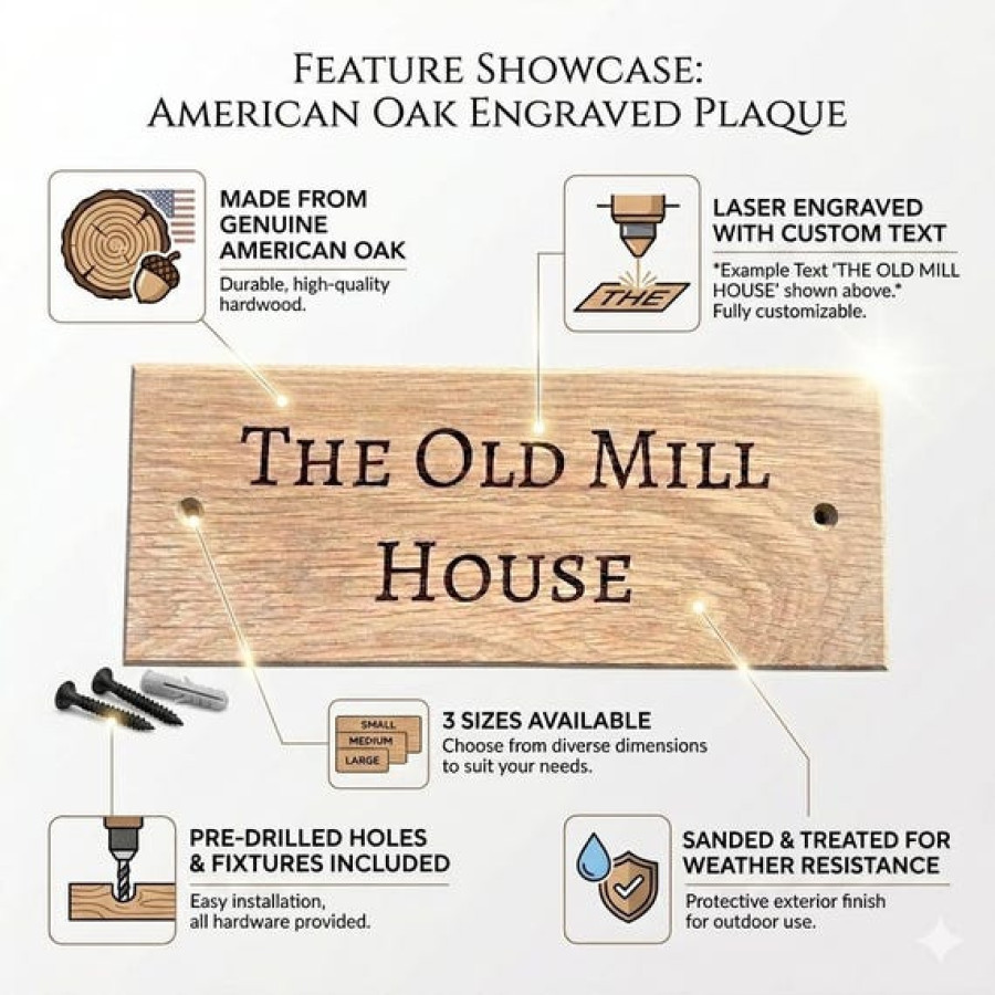 Real Oak Customisable House Sign Plaque | Laser Engraved with Text / Number 4