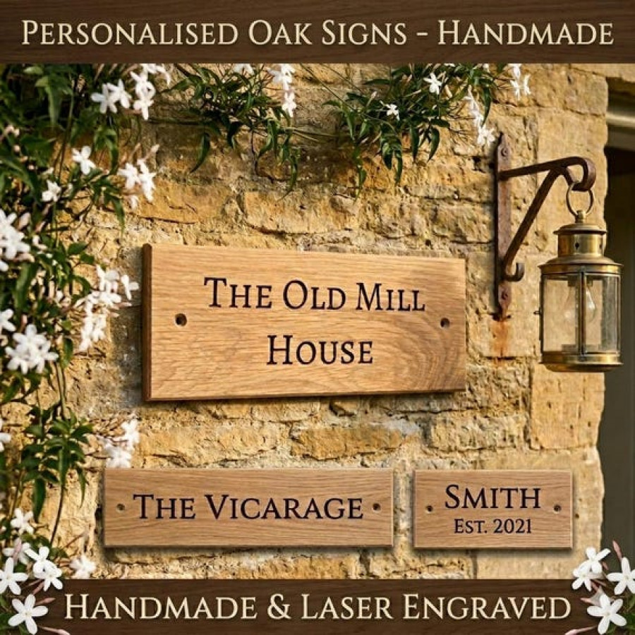 Real Oak Customisable House Sign Plaque | Laser Engraved with Text / Number 5
