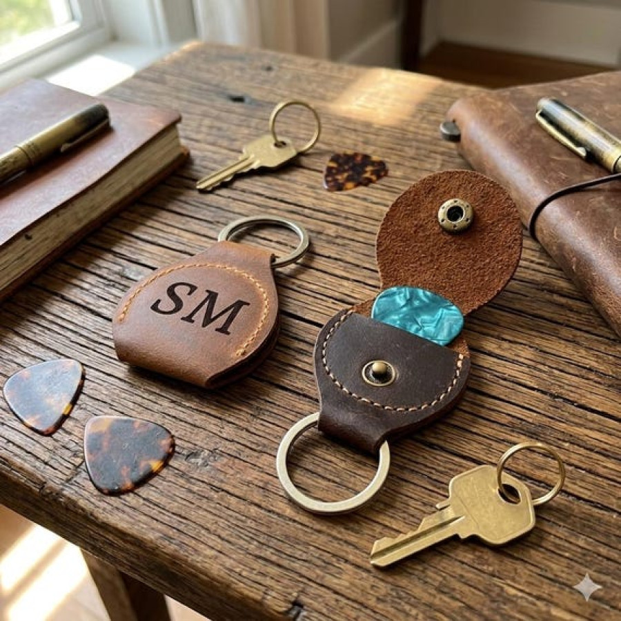 Customisable Leather Guitar Pick Keyring - Hand Stitched - Engraved your text or logo 0