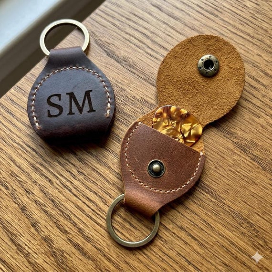 Customisable Leather Guitar Pick Keyring - Hand Stitched - Engraved your text or logo 1