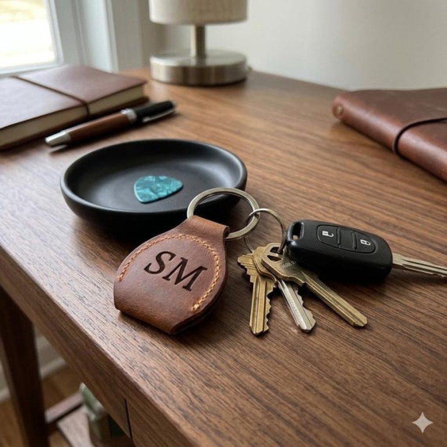 Customisable Leather Guitar Pick Keyring - Hand Stitched - Engraved your text or logo 2