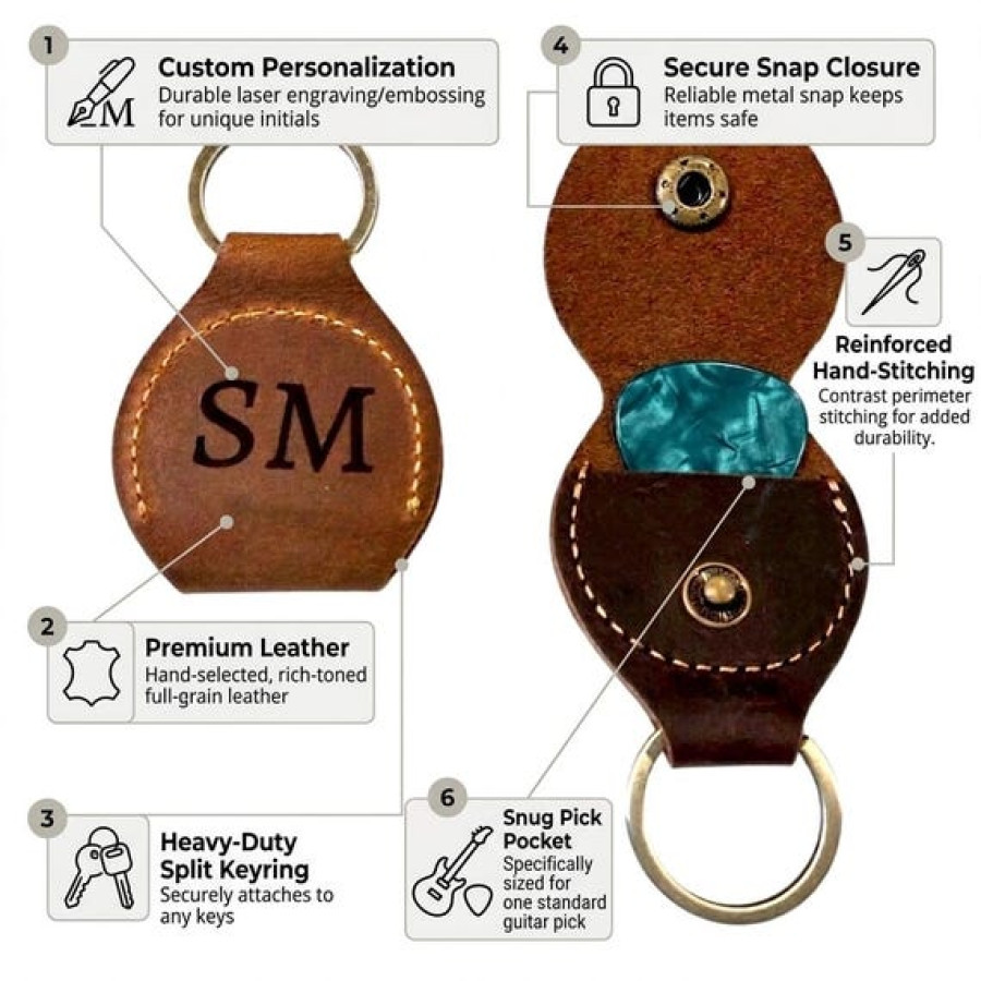 Customisable Leather Guitar Pick Keyring - Hand Stitched - Engraved your text or logo 3