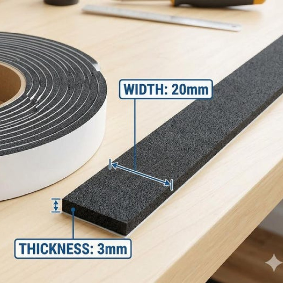 Self-adhesive EVA Foam Tape | 3mm Thick x 20mm wide | Draught Sealing Anti Vibration 5