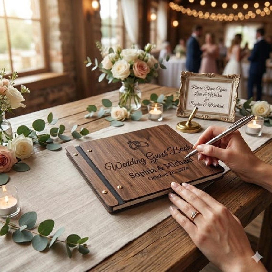 Custom Engraved Wooden Wedding Guest Book 1