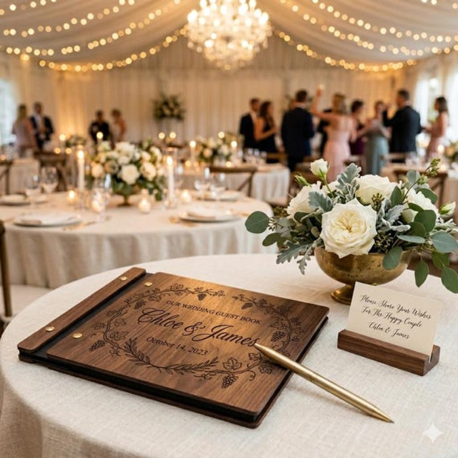 Custom Engraved Wooden Wedding Guest Book 2