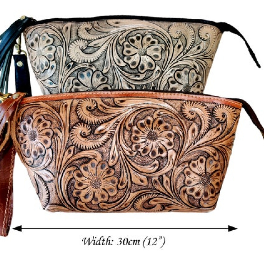 Tooled Leather Clutch | Western Floral Purse with Wrist Lanyard