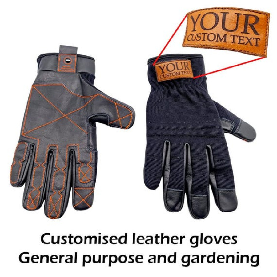 Custom Engraved Black Leather Gloves, Heavy Duty, Gardening