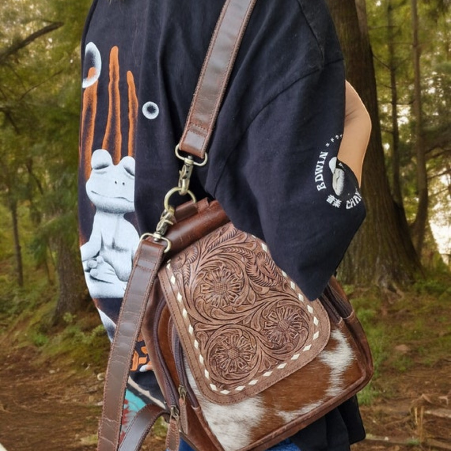 Western style cowhide and genuine leather compact backpack | small cowhide backpack | cowhide shoulder bag | cowhide purse