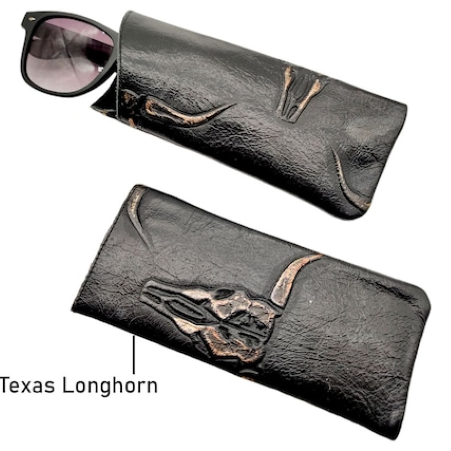 Embossed Genuine Leather Glasses Case, Texas Longhorn Sunglasses Sleeve