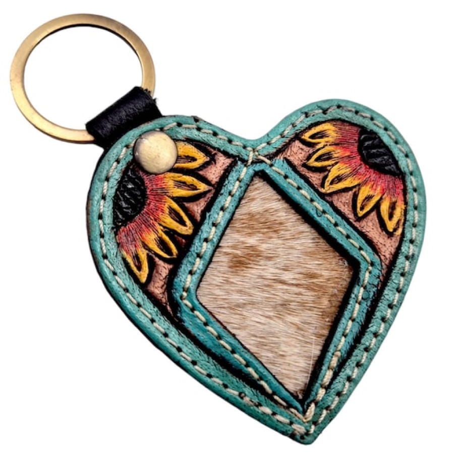 Tooled Leather Cowhide Keychain – Sunflower Heart or Cattle Tag