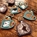 Genuine cowhide & tooled leather key chain | Cattle tag or Heart shape