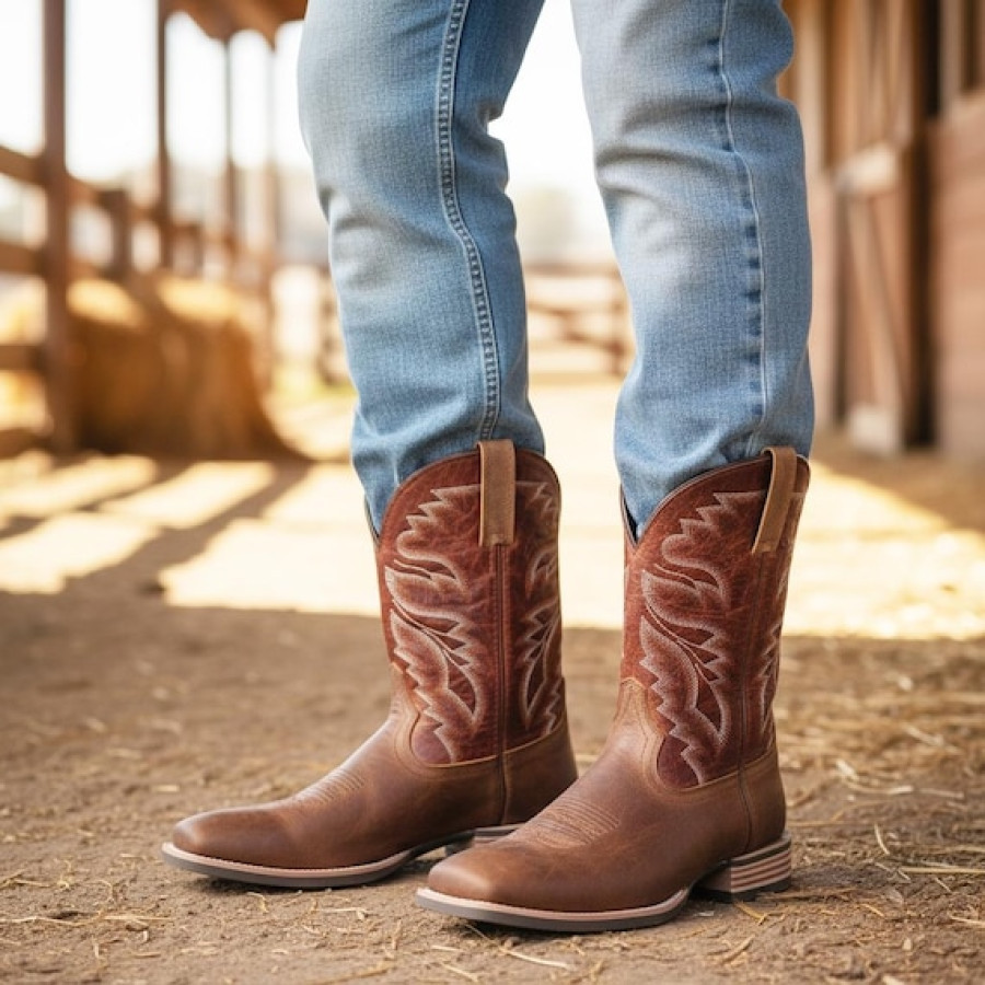 Men's Brown Leather Cowboy Boots: Embroidered Square Toe, Welted Rubber Sole